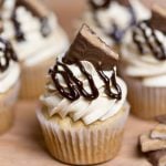 Peanut Butter Toffee Cupcakes, the cupcakes taste just like the inside of a peanut butter cookie and the frosting is dynamite! Pizzazzerie.com