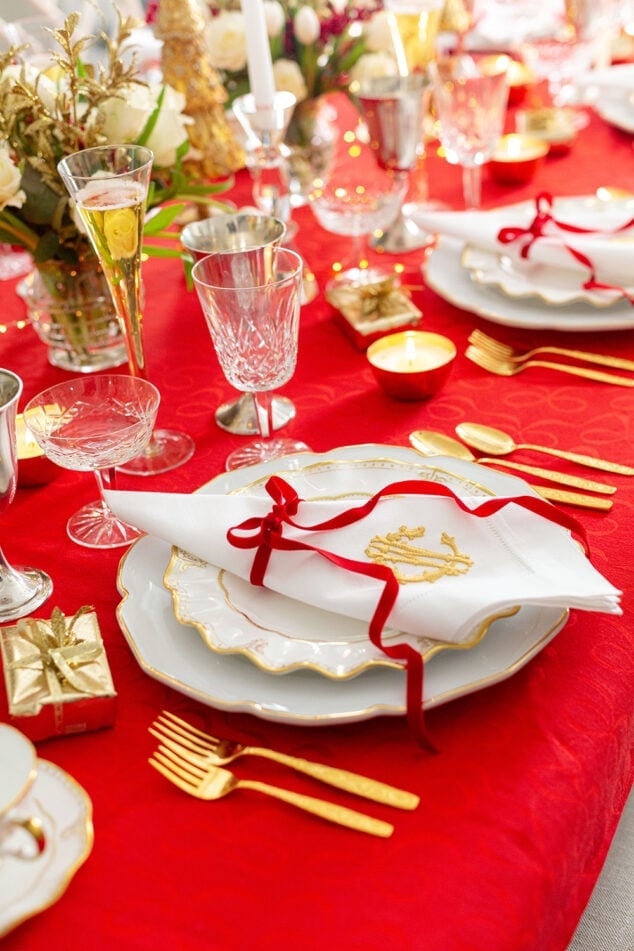 Red Bow Table Setting with Fine China