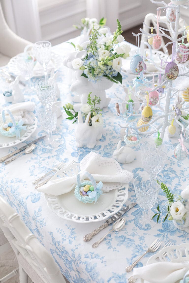 Blue and White Easter Tablescape with Charming Sugar Baskets - Pizzazzerie