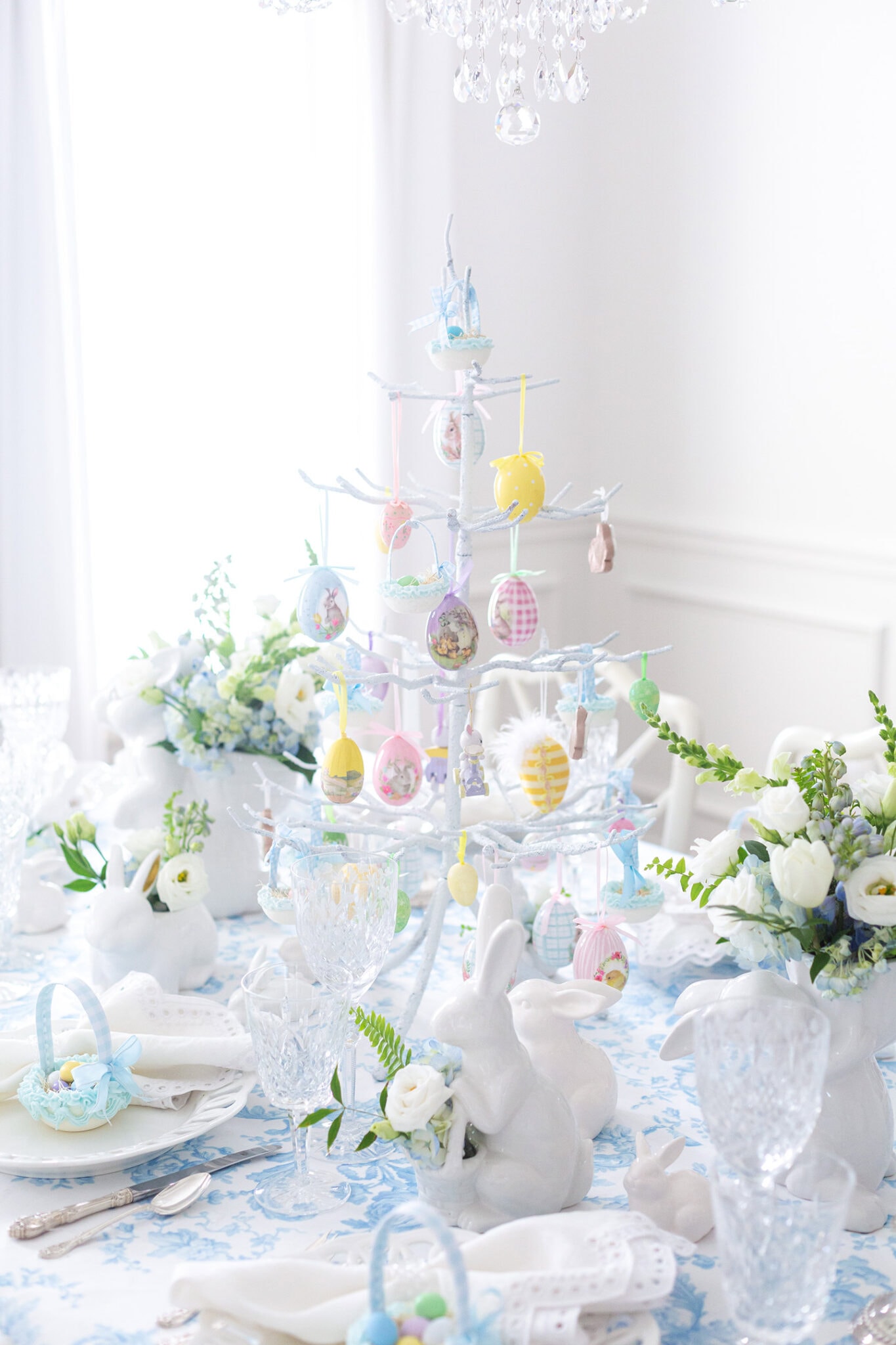 Blue and White Easter Tablescape with Charming Sugar Baskets - Pizzazzerie