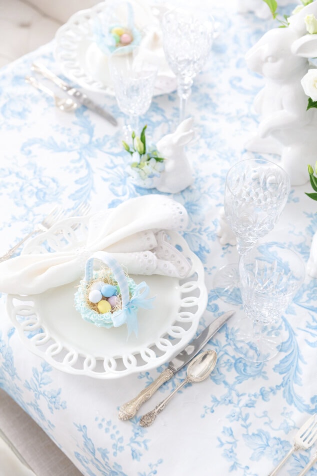 Blue and White Easter Tablescape with Charming Sugar Baskets - Pizzazzerie