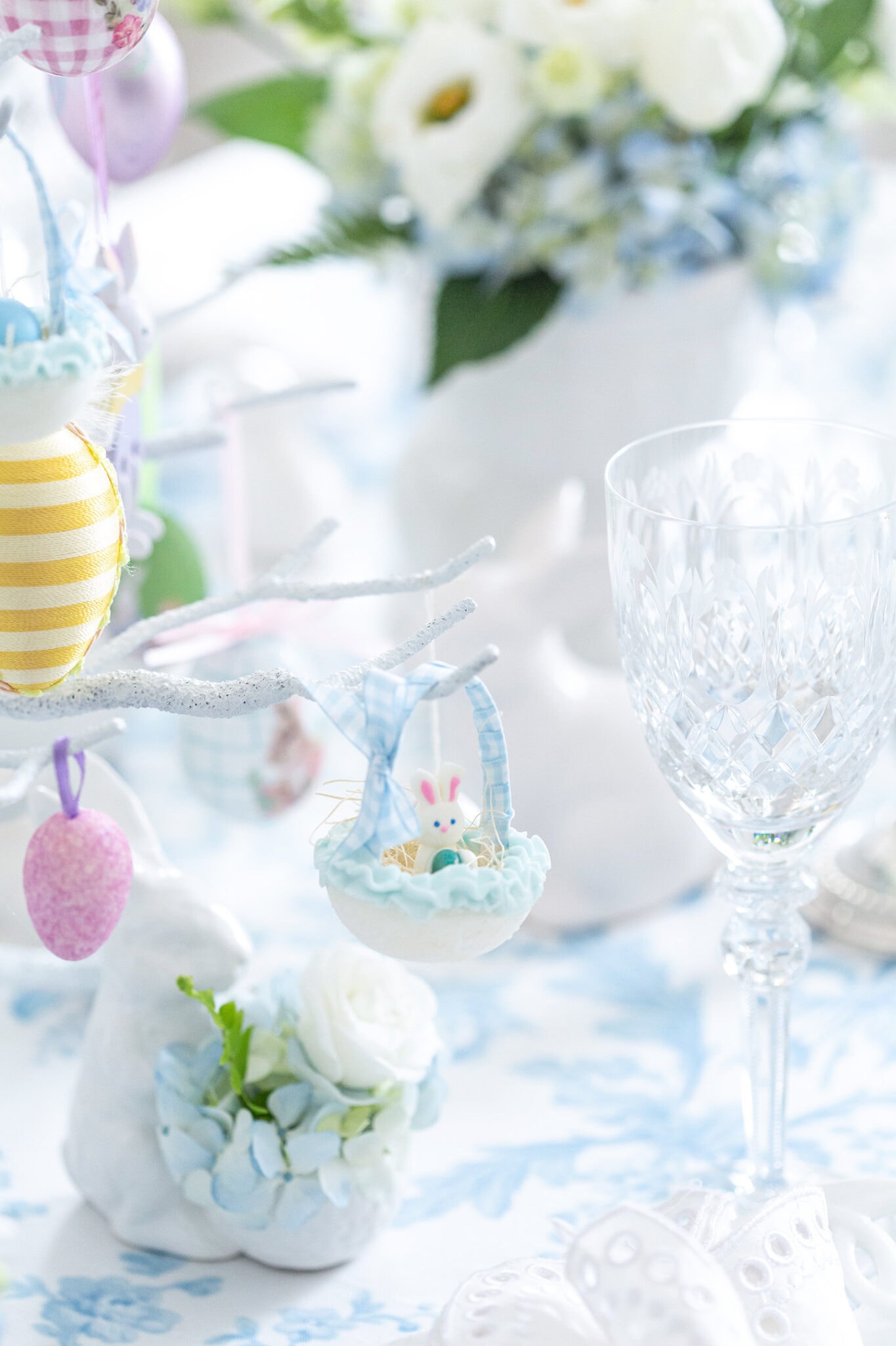 Blue and White Easter Tablescape with Charming Sugar Baskets - Pizzazzerie
