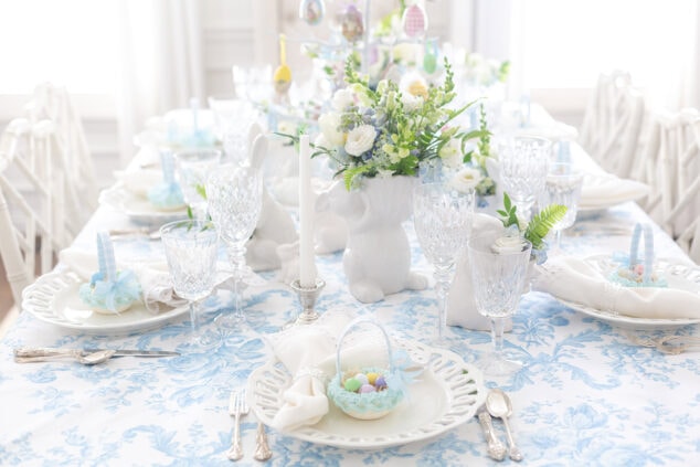 Blue and White Easter Tablescape with Charming Sugar Baskets - Pizzazzerie