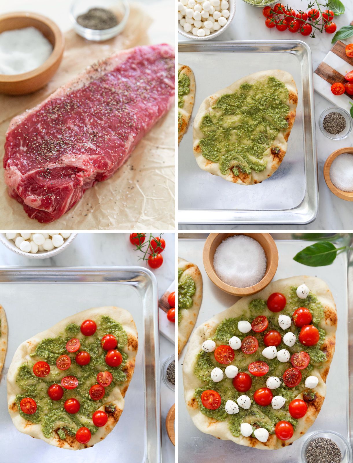 grilled steak caprese flatbread on naan bread